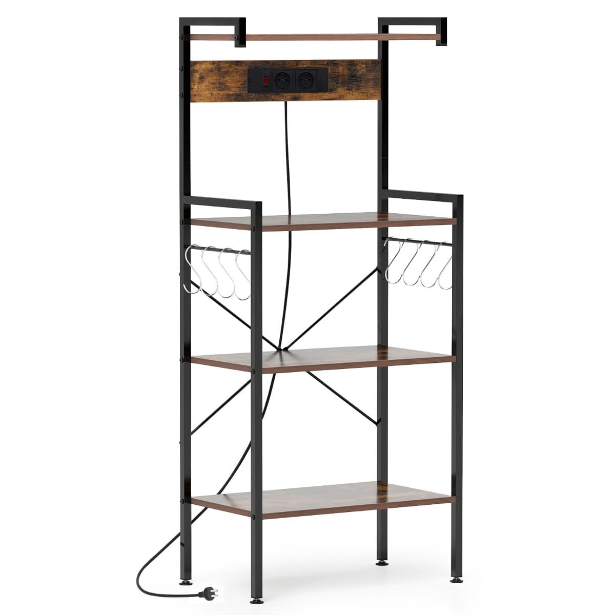 CostwayÉtagère à Pâtisserie pour Cuisine avec Prises de Courant Support pour Micro-ondes 4 Niveaux avec 8 Crochets en Forme de S Brun Rustique