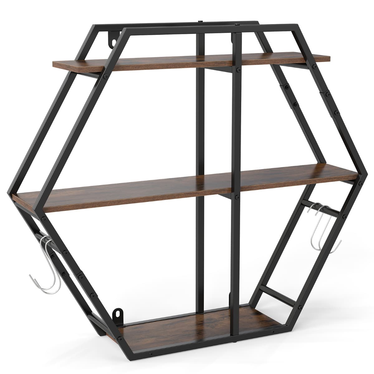 Étagères Murales Hexagonales Industrielles Étagères Flottantes Décoratives à 3 Niveaux avec Crochets