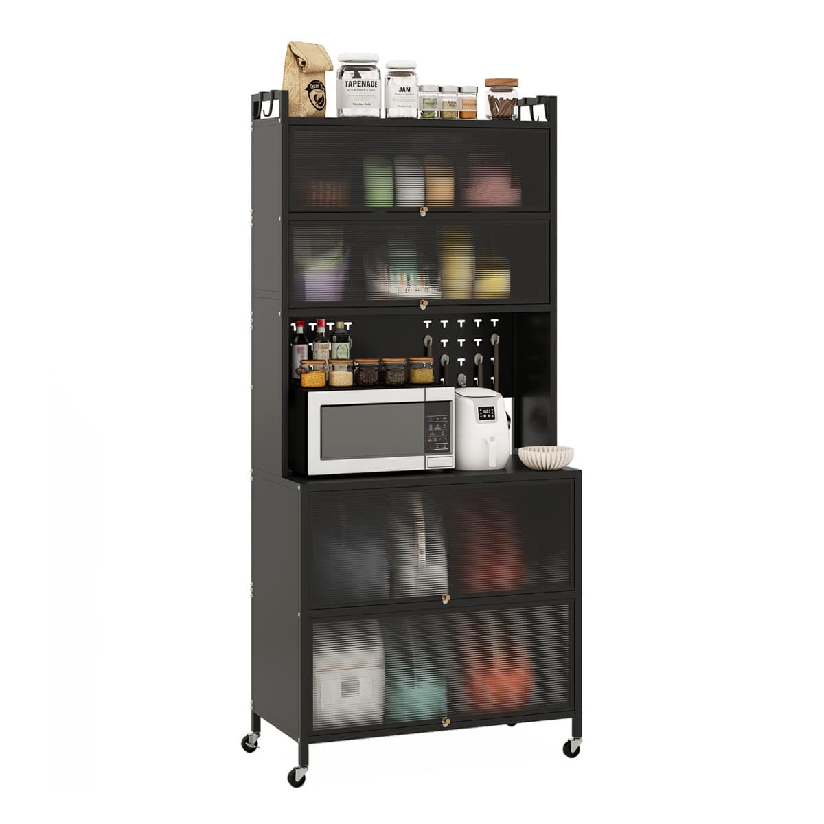 CostwayArmoire de Cuisine à 6 Niveaux Buffet avec Huches Portes Battantes Plan de Travail pour Micro-ondes Panneau Perforé avec Crochets Noir