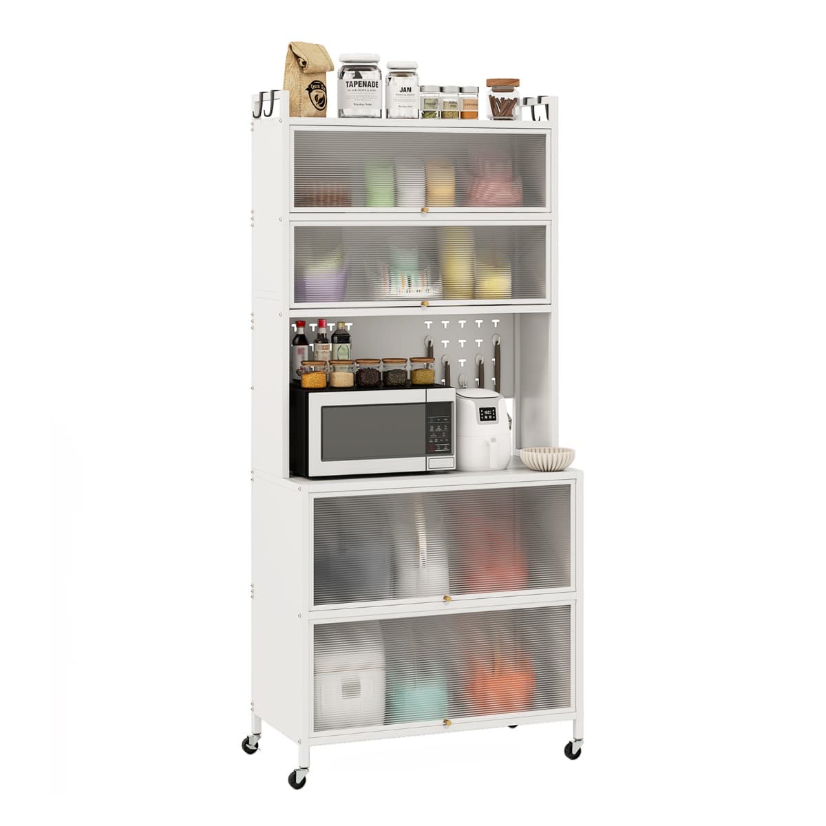 CostwayArmoire de Cuisine à 6 Niveaux Buffet avec Huches Portes Battantes Plan de Travail pour Micro-ondes Panneau Perforé avec Crochets Blanc