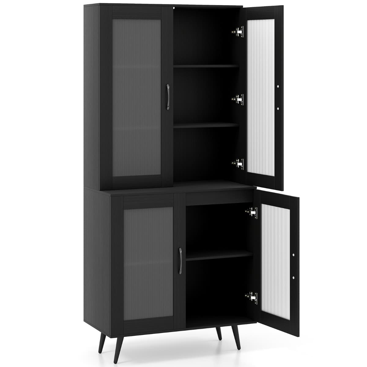 CostwayBuffet de 178,5cm de Haut avec 4 Portes Transparentes Étagère Réglable Buffet Indépendant avec Pieds en Métal Noir
