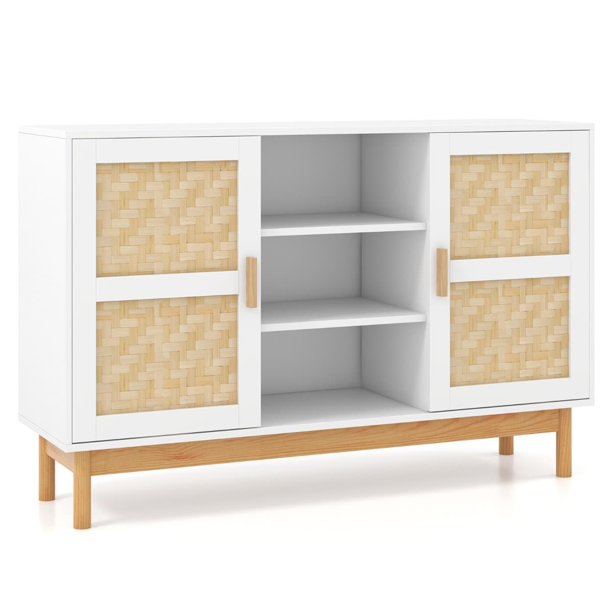 Buffet Moderne 120 CM Meuble de Rangement avec 2 Portes tressées en Bambou 3 étagères Ouvertes Table