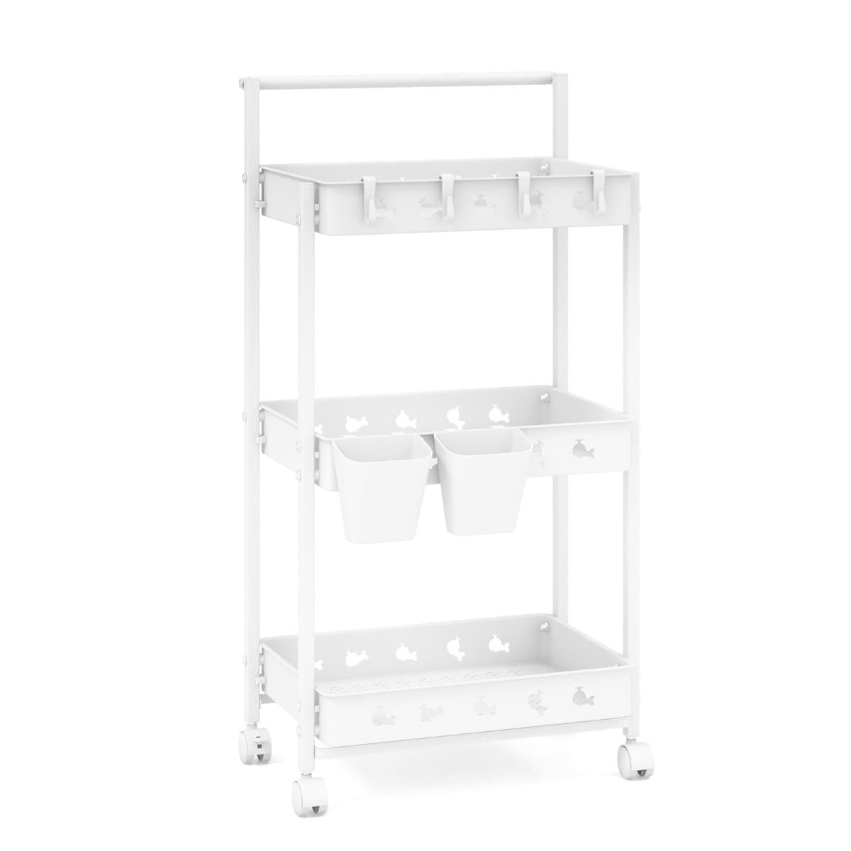 CostwayChariot de Rangement Mobile à 3 Niveaux Chariot Utilitaire avec 3 Bacs et 4 Crochets Organisateur Mobile avec Barre de Poignée Blanc