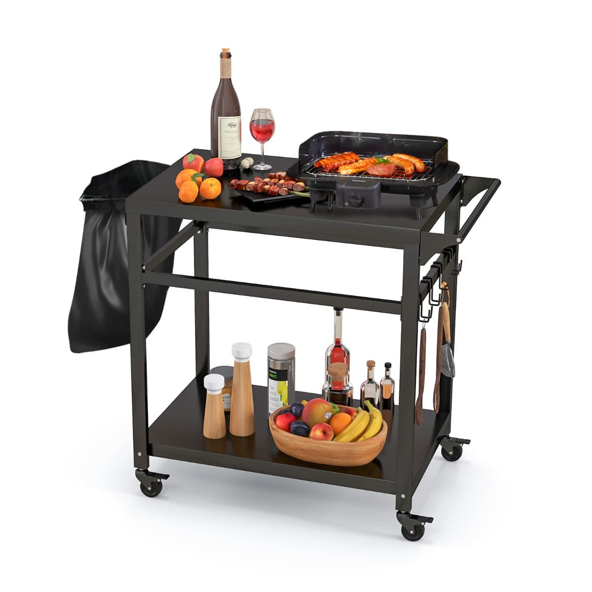 CostwayChariot pour Plancha / Barbecue à 2 Etagères Desserte de Jardin sur Roulettes avec 4 Crochets 108 x 50,5 x 88 CM Noir