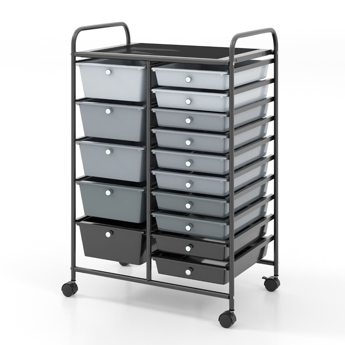 CostwayChariot avec Tiroirs avec 2 Freins à Pieds Chariot de Rangement avec 15 Tiroirs en Plastique 63 x 37 x 87 CM Noir + Gris