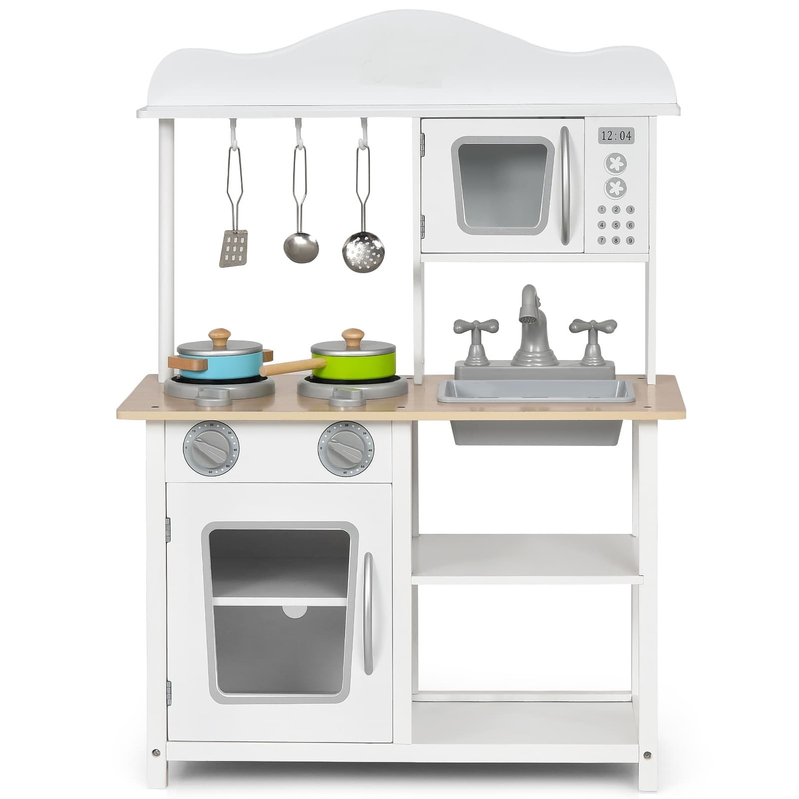 CostwayCuisine pour Enfants avec Accessoires : Micro-Ondes Casserole Ustensile Jeu d'Imitation Ensemble de Jeu d'Imitation