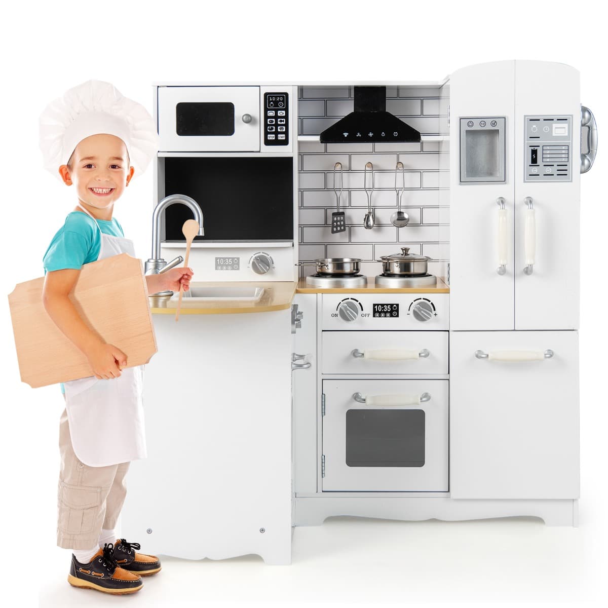 CostwayCuisine d’Angle Enfants avec Ustensiles de Cuisine Téléphone Simulé Machine à Laver Réfrigérateur