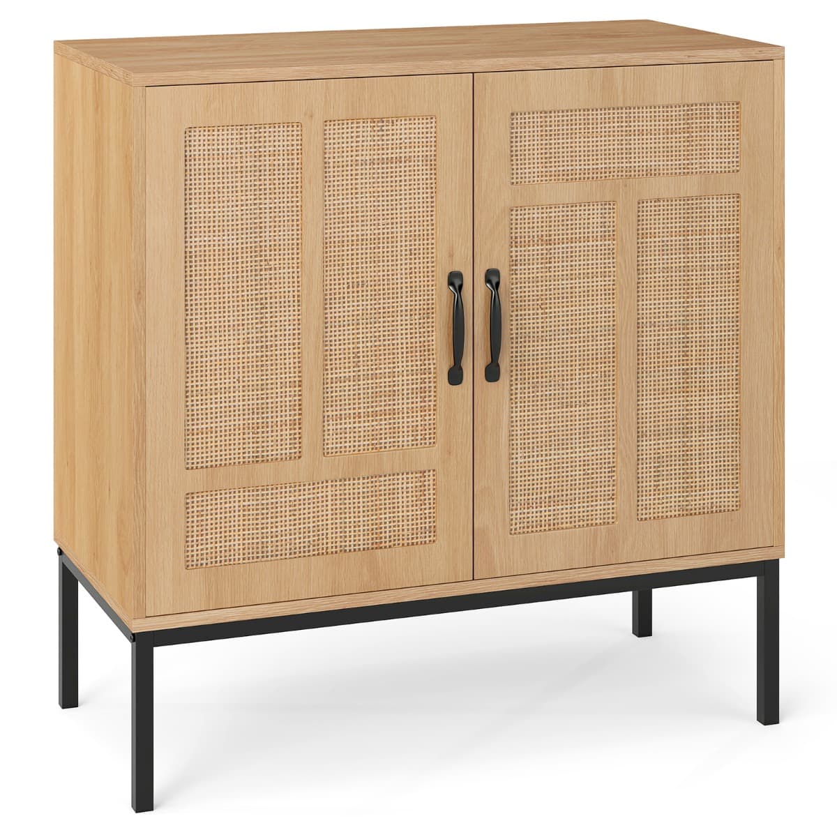 CostwayMeuble de Rangement en Rotin Meuble D'appoint Bohème à Motif Asymétrique Buffet à 2 Portes avec Étagère Réglable à 3 Positions Naturel