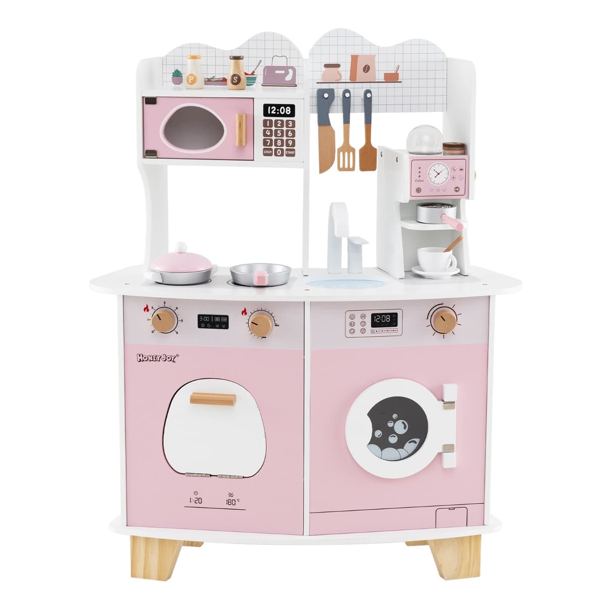 CostwayCuisine de Jeu avec Cafetière Micro-ondes Four Machine à Laver Accessoires de Cuisine et Évier pour 3 Ans+ Rose