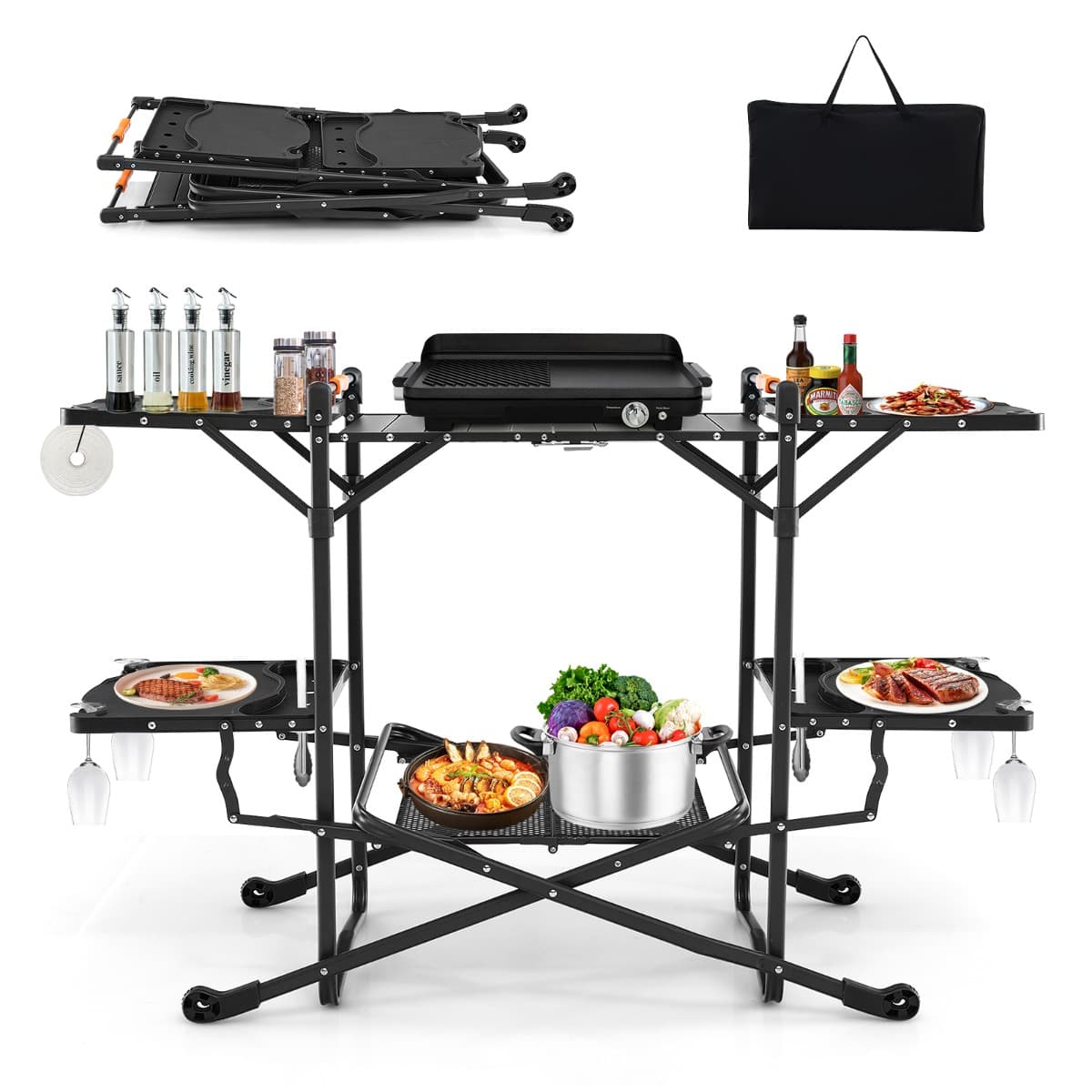 CostwayTable de Camping Pliable avec 4 Tablettes d'Appoint Table de Pique-nique Portable Plateau en Aluminium avec Sac de Transport 135x54x88CM