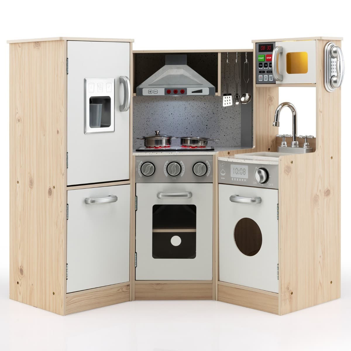 CostwayCuisine Enfants en Bois XXL Angle 105 x 49 x 85 cm ( L x l x H ) Cuisine Complet avec Four Lave Linge 3 An+