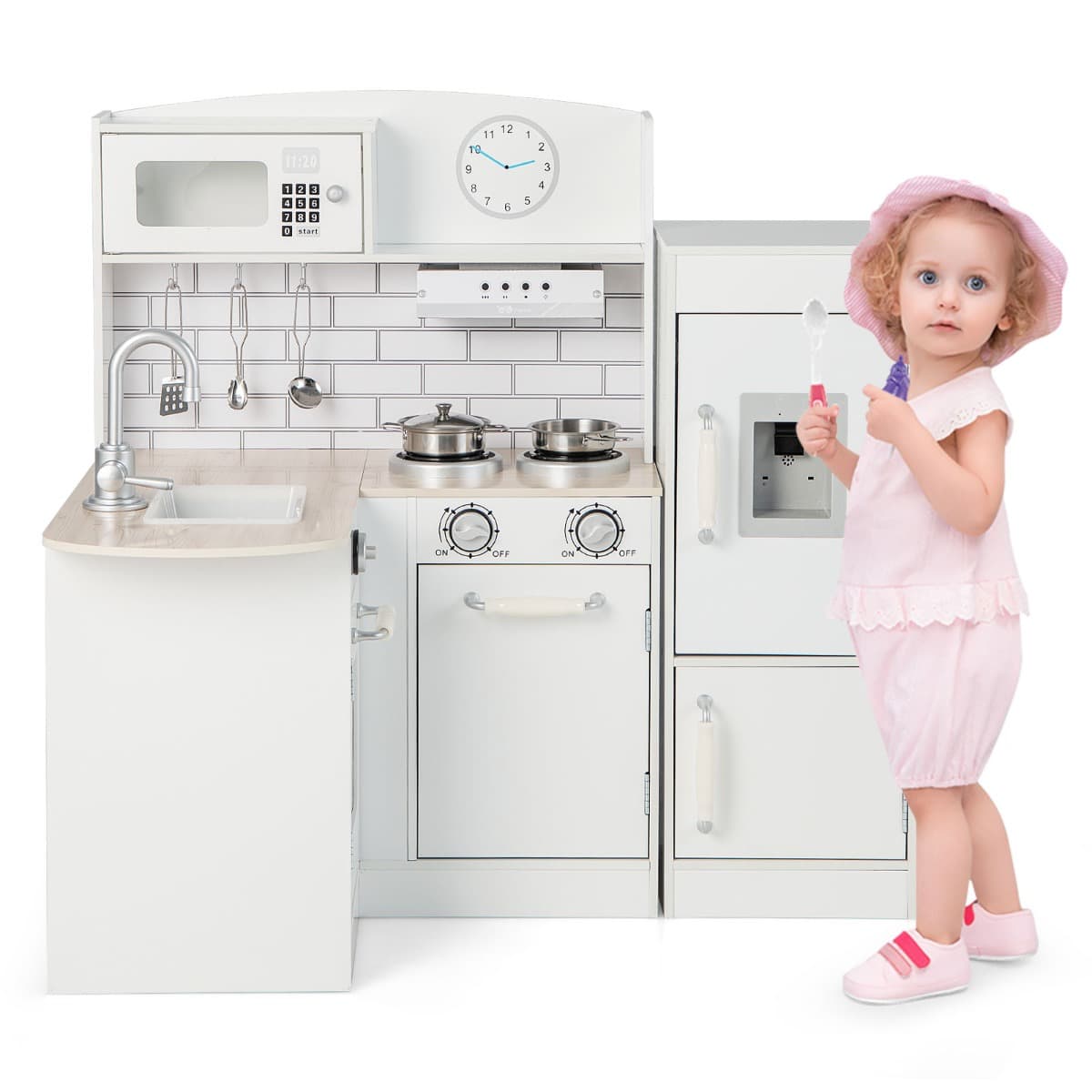 CostwayCuisine pour Enfants d' Angle Réfrigérateur Cuisinière de Jeu en Bois avec Distributeur d'eau Evier Hotte Ustensiles