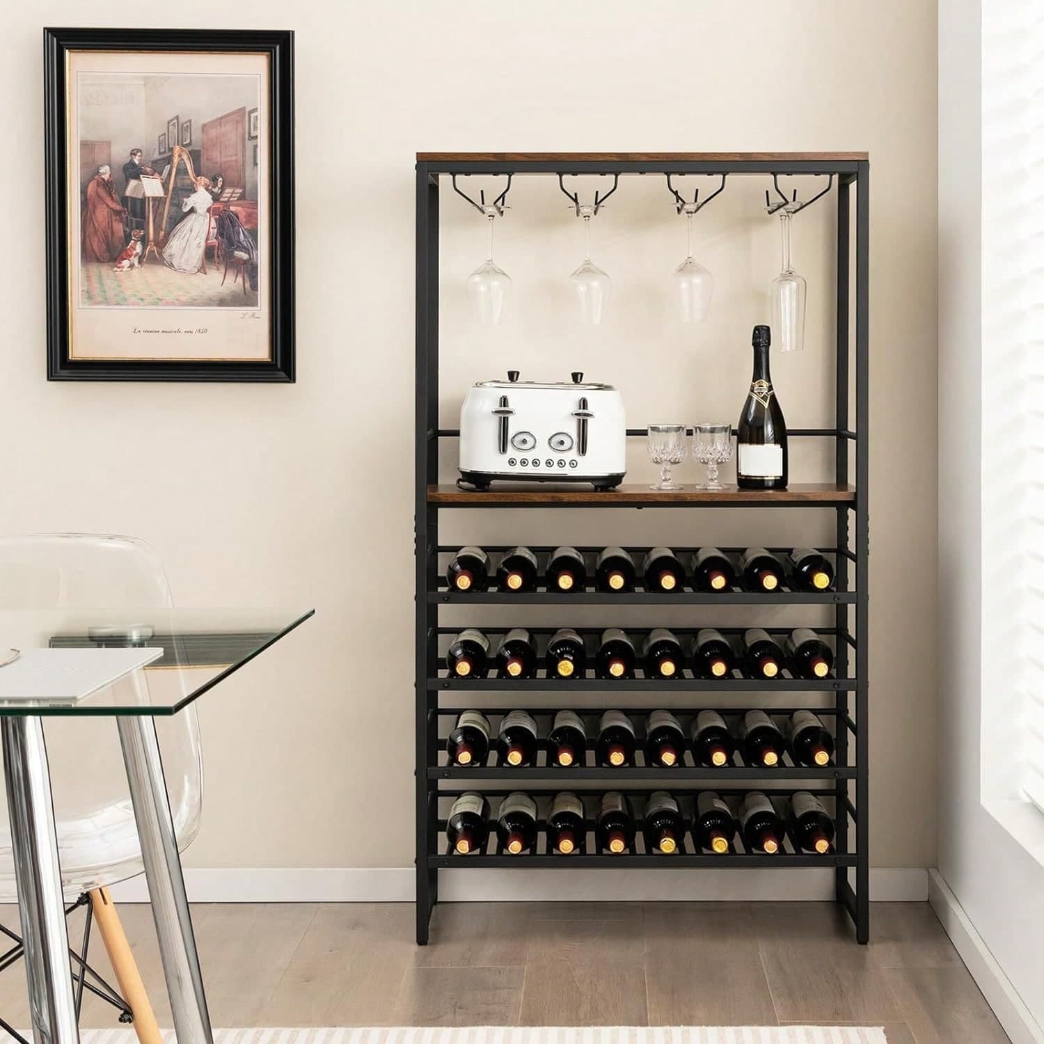 Casier à vin à 6 niveaux pour 32 bouteilles, casier à bouteilles avec support en verre, meuble de bar vintage pour cuisine et salle à manger, 80 x 30