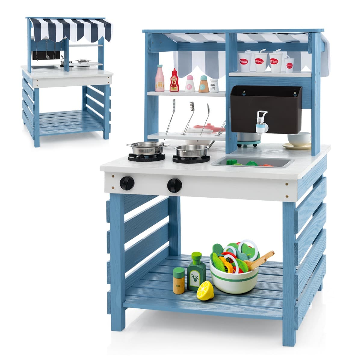 CostwayCuisine de Jeu 2 en 1 en Bois avec Cuisinières Evier Réservoir à Eau Robinet et Ustensiles de Cuisine Jeu de Cuisine avec Toit pour 3+ Ans