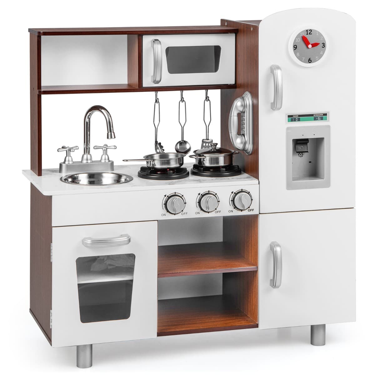 CostwayCuisine pour Enfants Sons et Lumières Réalistes en Bois Cuisinière Micro-ondes Four Machine à Glaçons Téléphone Horloge Évier Ustensiles Café